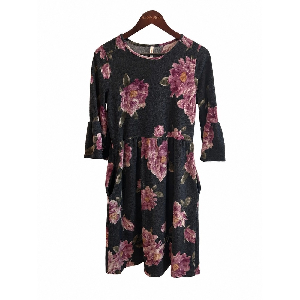 Anthropologie Orange Creek Dress L Grey Purple Floral Bell Sleeve Pocket Empire
